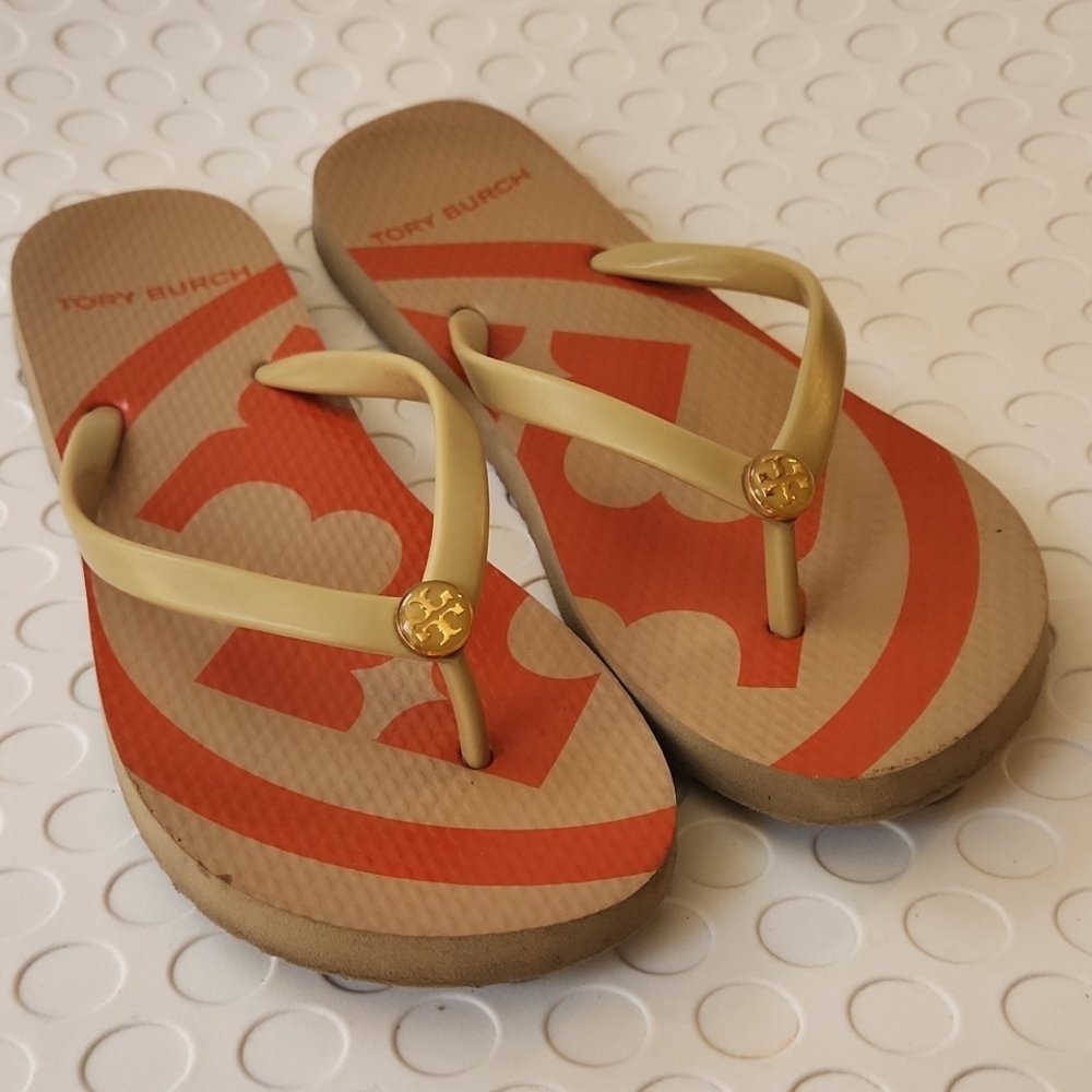 Tory Burch Women's Tan And Orange Reva Flip Flops Size 7